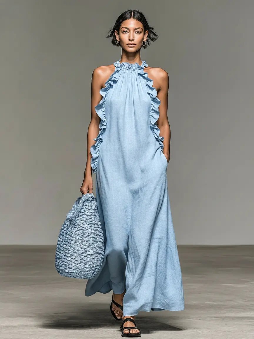 Women's Sleeveless Ruffle-Trim Linen Blend Halter Maxi Dress - Light Blue