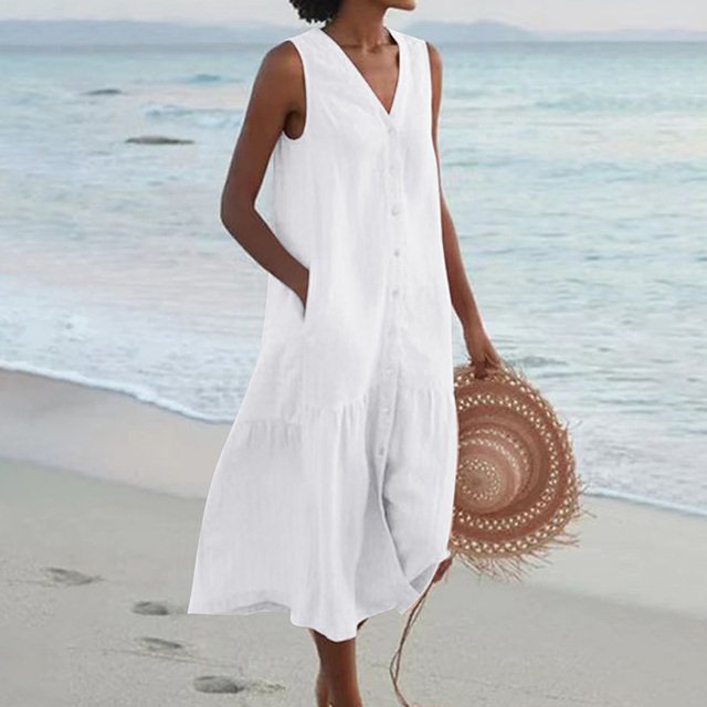 Women's Sleeveless V-Neck Button-Front Relaxed Midi Dress - White
