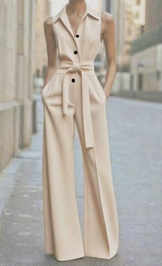 Women's Sleeveless Wide-Leg Belted Button-Front Jumpsuit - Beige