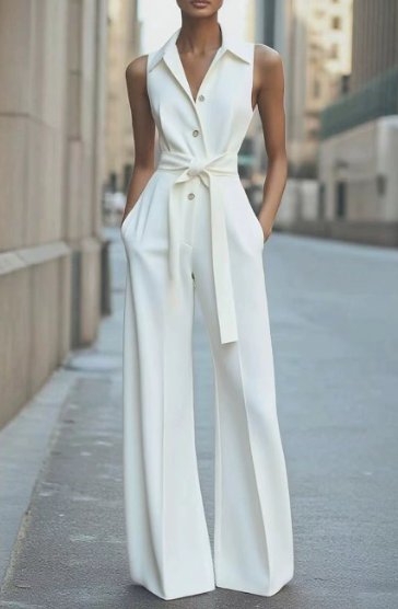 Women's Sleeveless Wide-Leg Belted Button-Front Jumpsuit - White