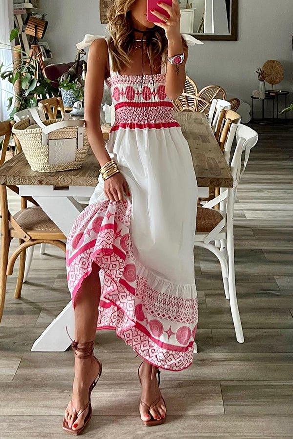 Women's Smocked Bodice Square-Neck Printed Maxi Dress