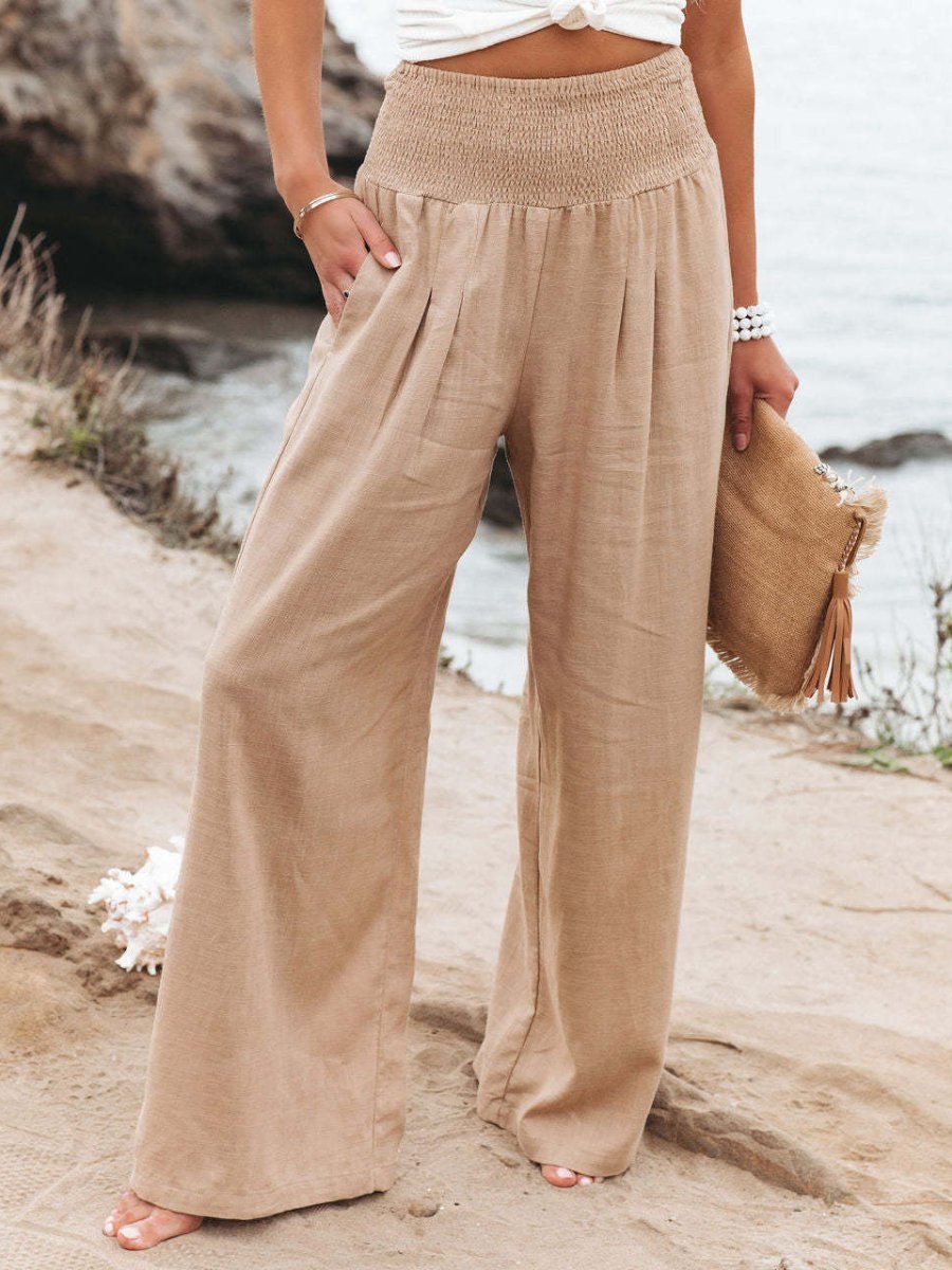 Women's Smocked High-Waist Relaxed Wide-Leg Linen Trousers - Beige