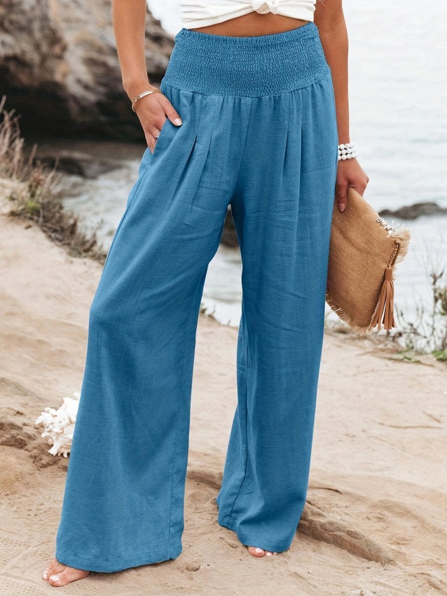 Women's Smocked High-Waist Relaxed Wide-Leg Linen Trousers - Blue