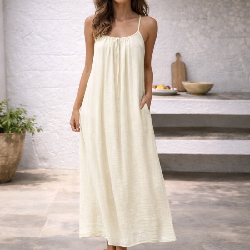 Women's Spaghetti Strap Flowy Linen Maxi Dress Pockets