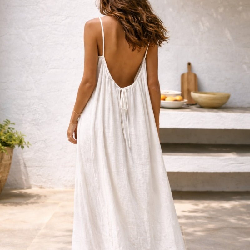 Women's Spaghetti Strap Flowy Linen Maxi Dress Pockets - Weiß