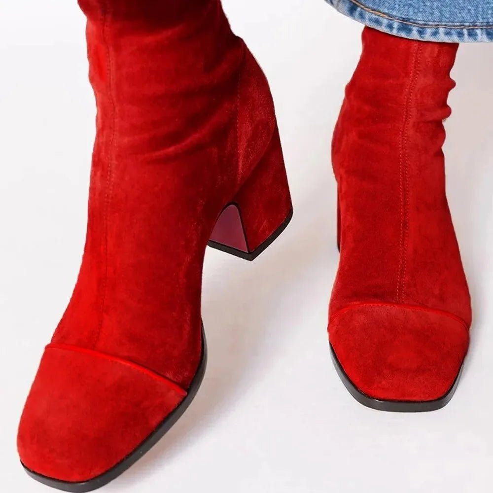Women's Square-Toe Block-Heel Suede Knee-High Boots - Red