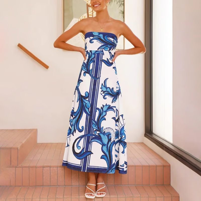Women's Strapless Baroque Print Flared Maxi Dress
