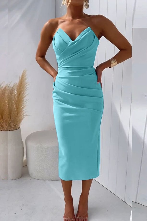 Women's Strapless Draped Fitted Midi Dress - Turquoise