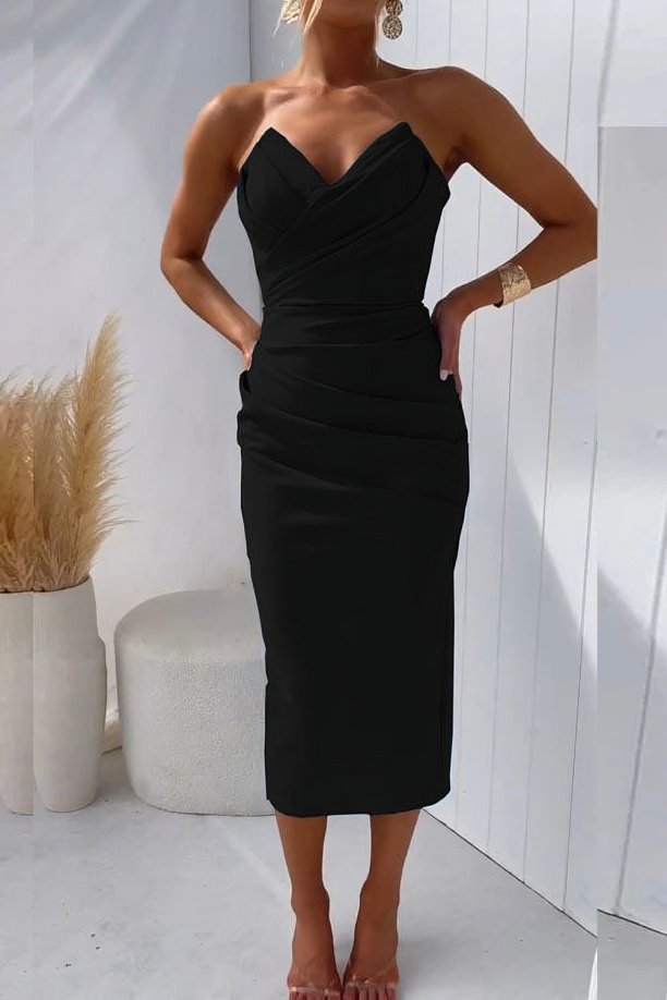 Women's Strapless Draped Fitted Midi Dress - Black