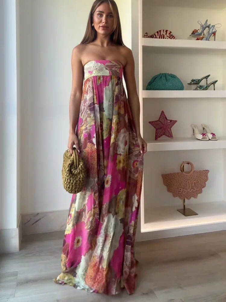 Women's Strapless Floral Floor-Length Maxi Wedding Guest Dress