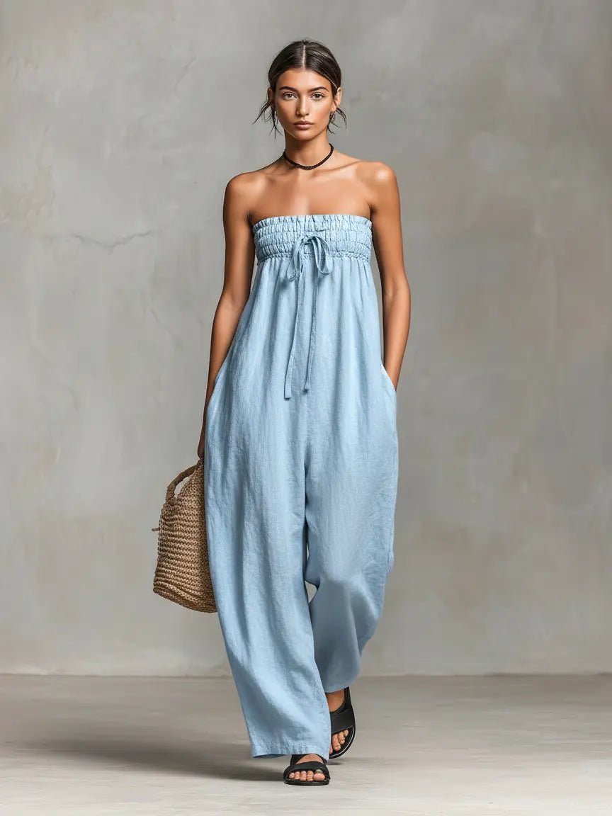 Women's Strapless Linen-Blend Wide-Leg Full-Length Jumpsuit - Light Blue