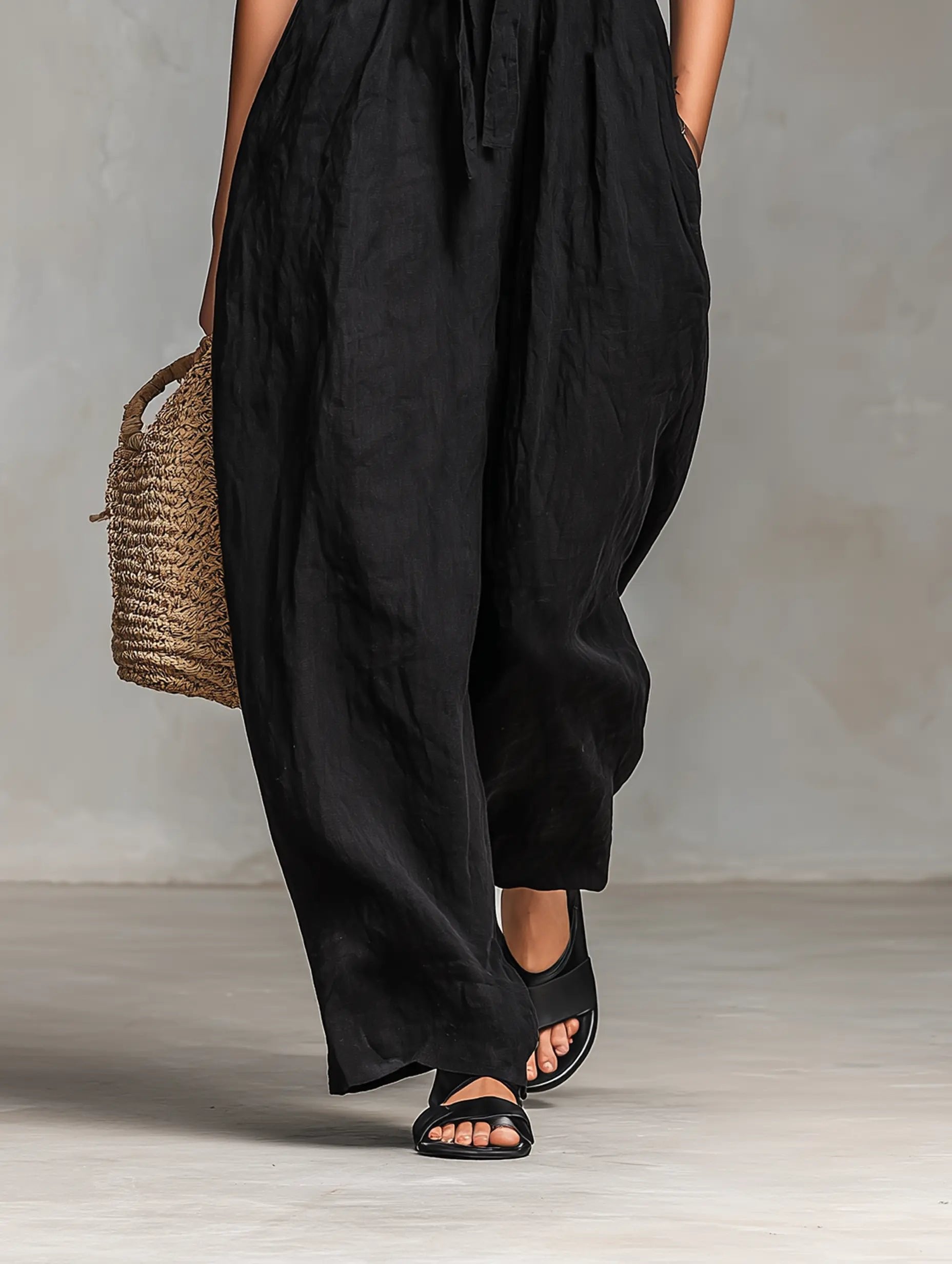 Women's Strapless Linen-Blend Wide-Leg Full-Length Jumpsuit