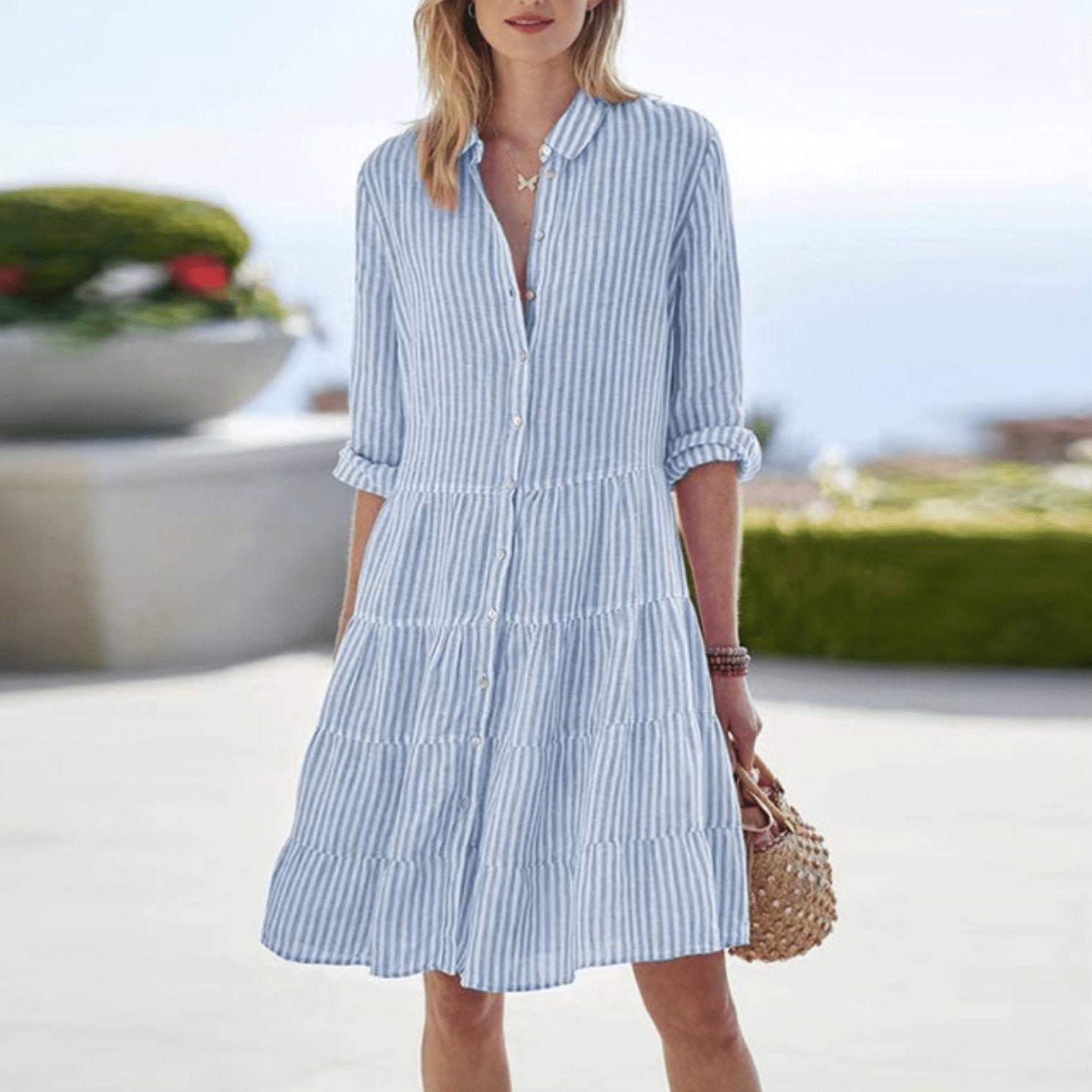 Women's Striped Button-Through A-Line Shirt Dress - Blue