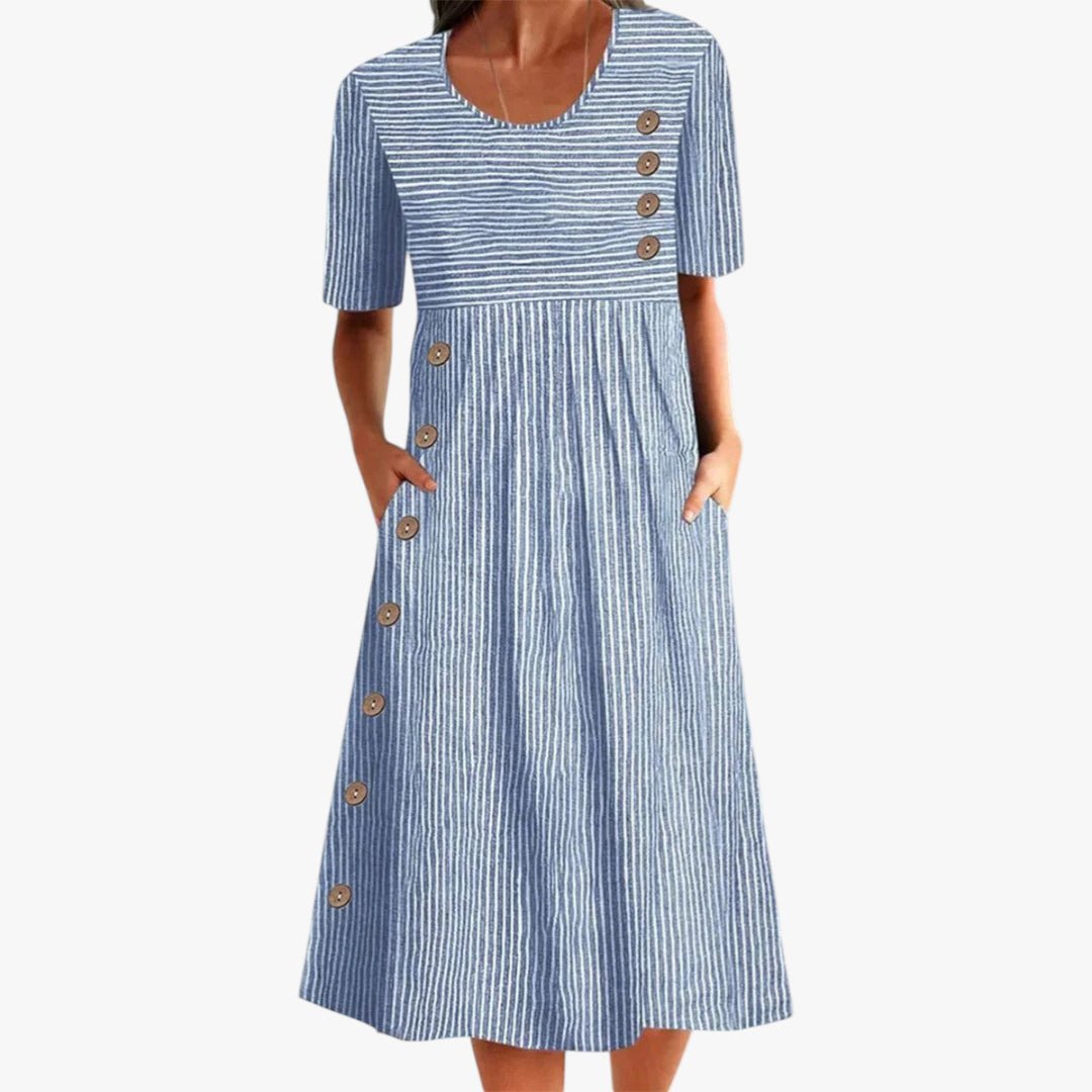 Women's Striped Midi Dress Short-Sleeve Button-Detail A-Line