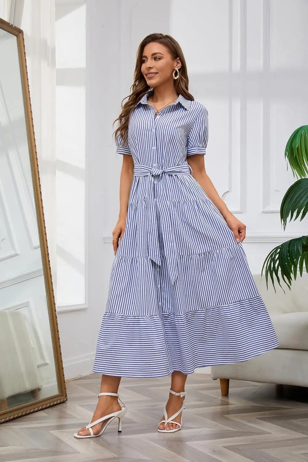 Women's Striped Tiered-Ruffle Tie-Waist Button-Down Maxi Shirt Dress