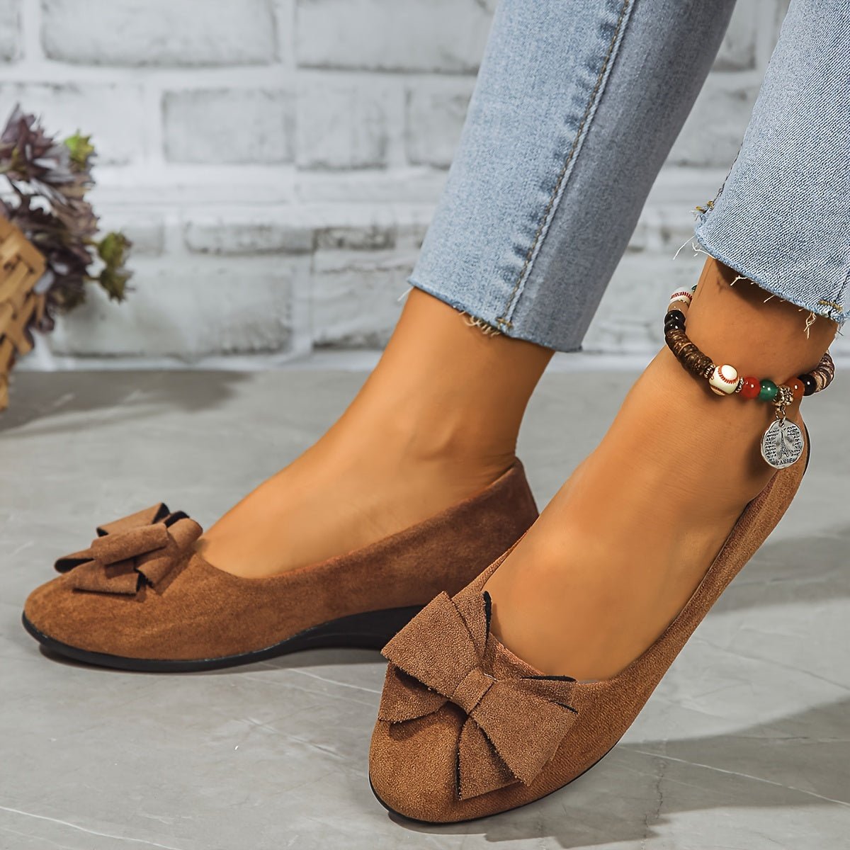 Women's Suede-Effect Bow-Detail Cushioned Slip-On Ballet Flats