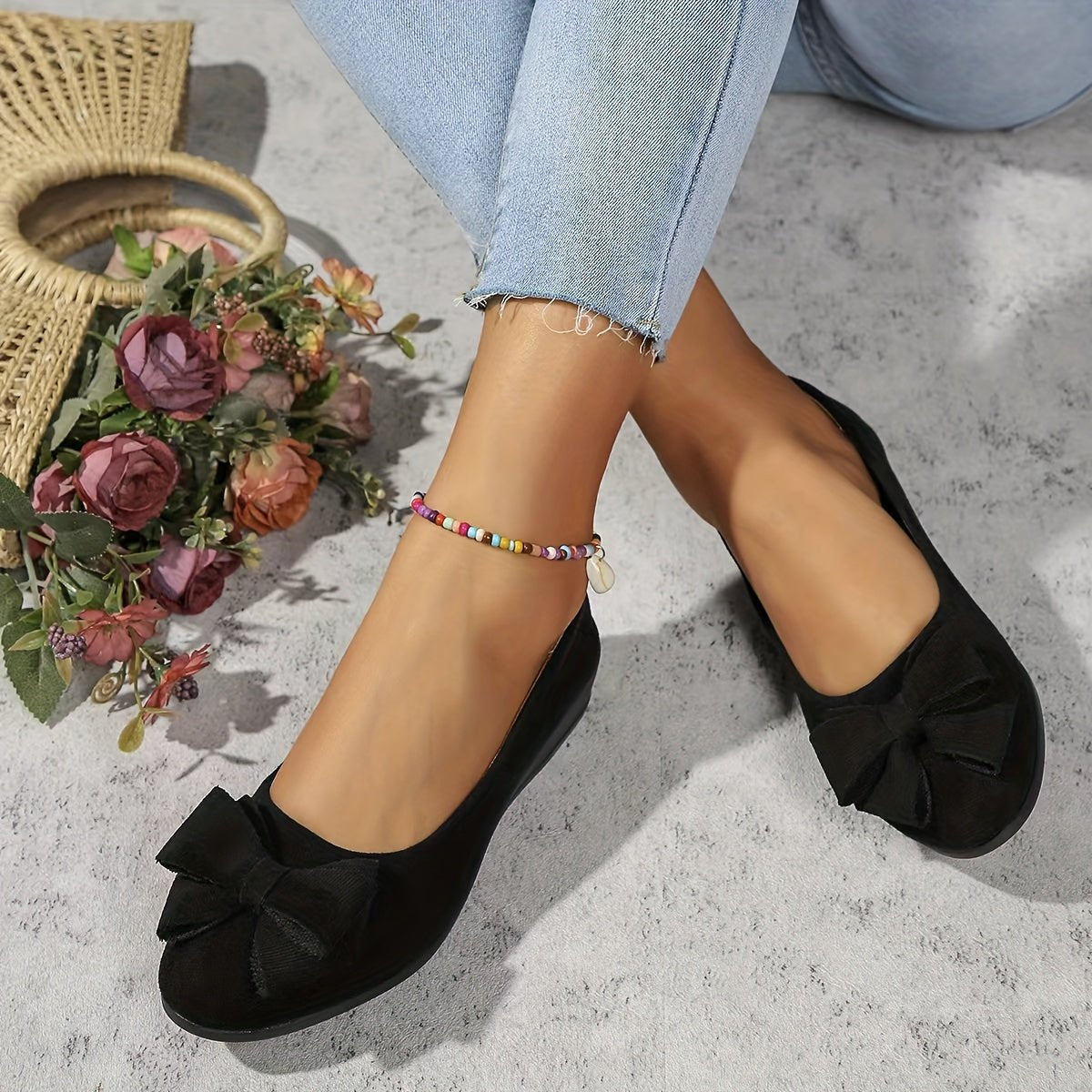 Women's Suede-Effect Bow-Detail Cushioned Slip-On Ballet Flats
