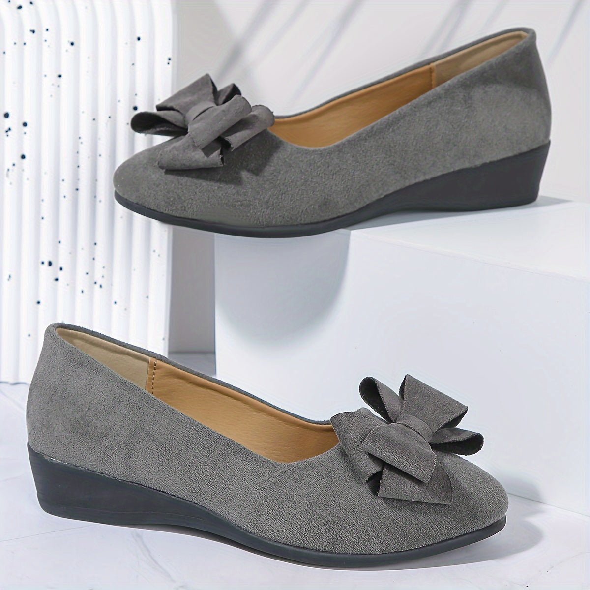 Women's Suede-Effect Bow-Detail Cushioned Slip-On Ballet Flats