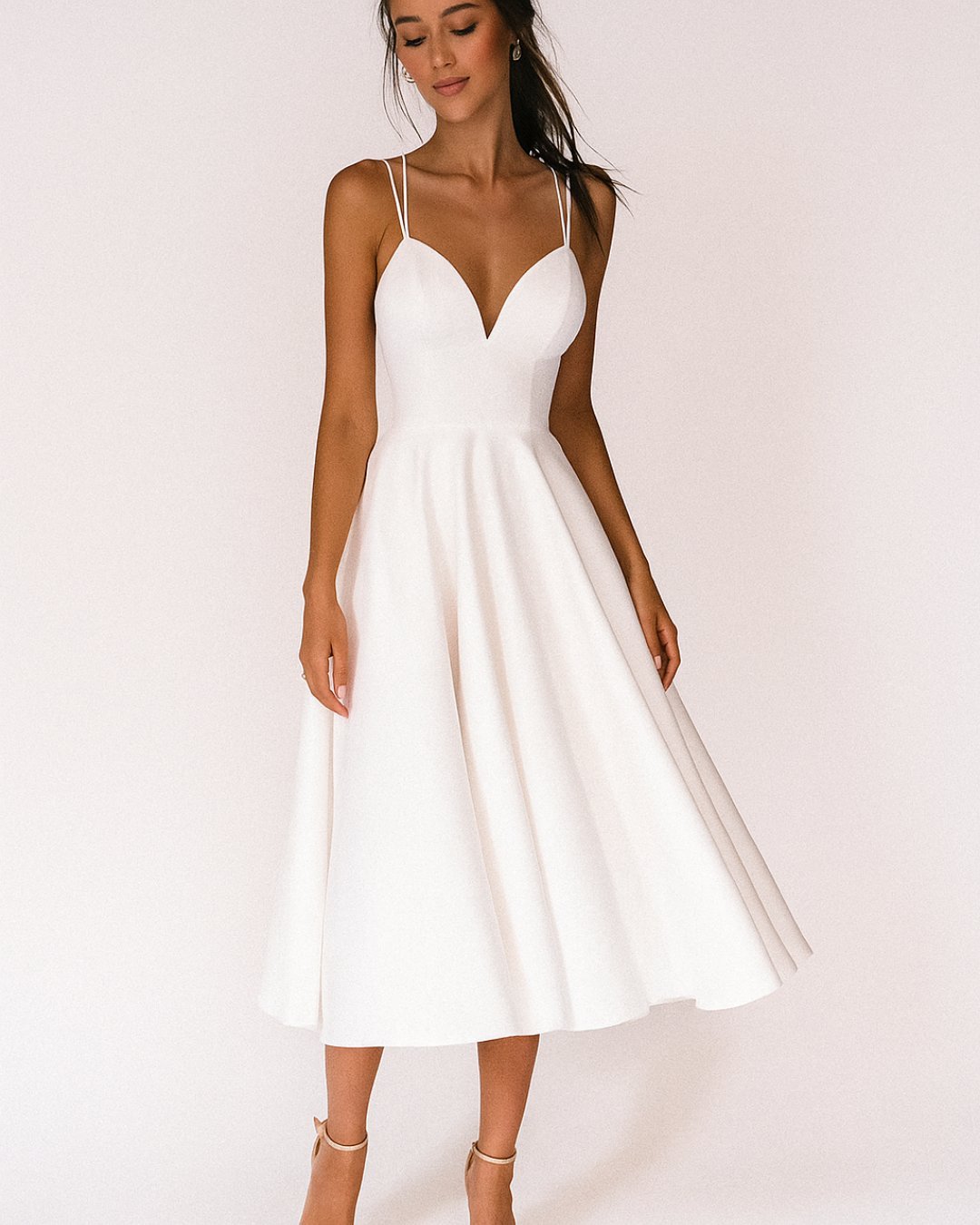 Women's Sweetheart Spaghetti-Strap A-Line Midi Dress - White