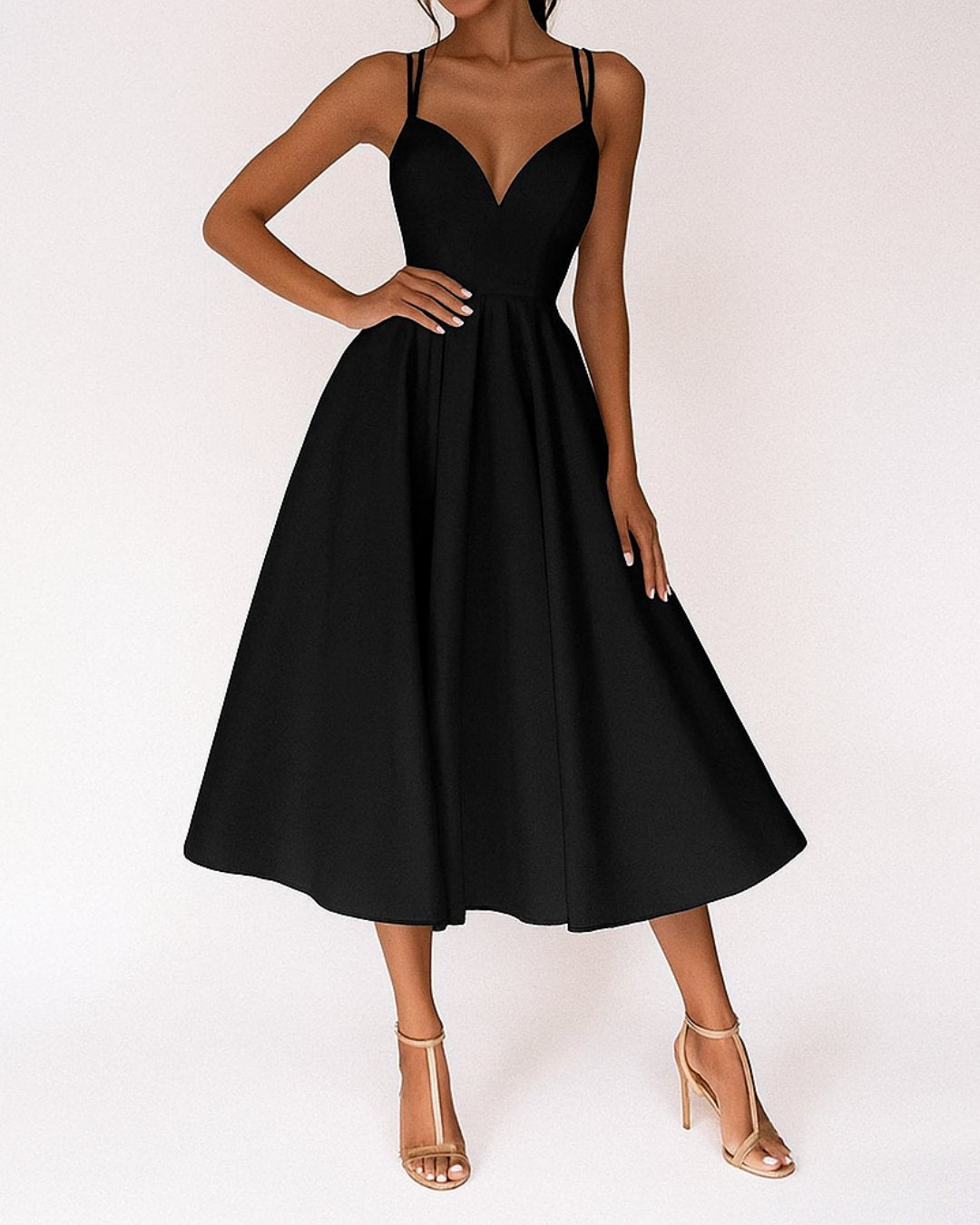 Women's Sweetheart Spaghetti-Strap A-Line Midi Dress - Black