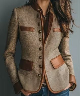 Women's Tailored Tweed Faux-Leather Trim Button-Front Blazer Jacket