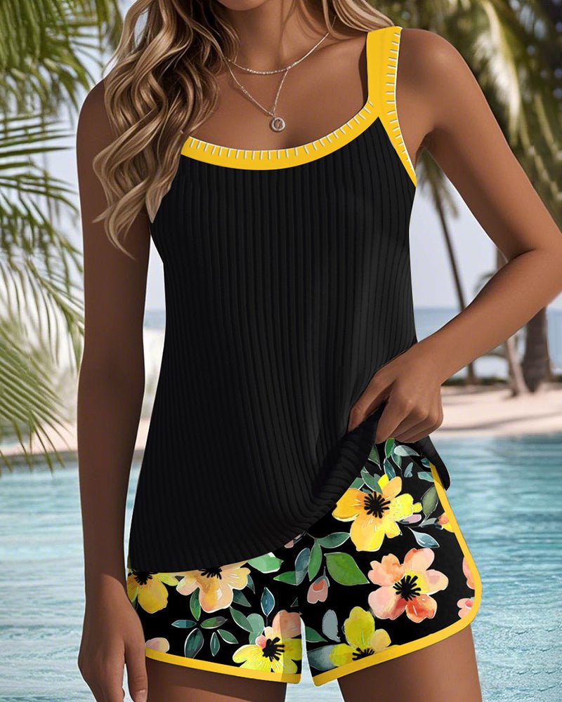 Women's Tummy-Control Flattering Two-Piece Tankini Swimsuit Set - Yellow