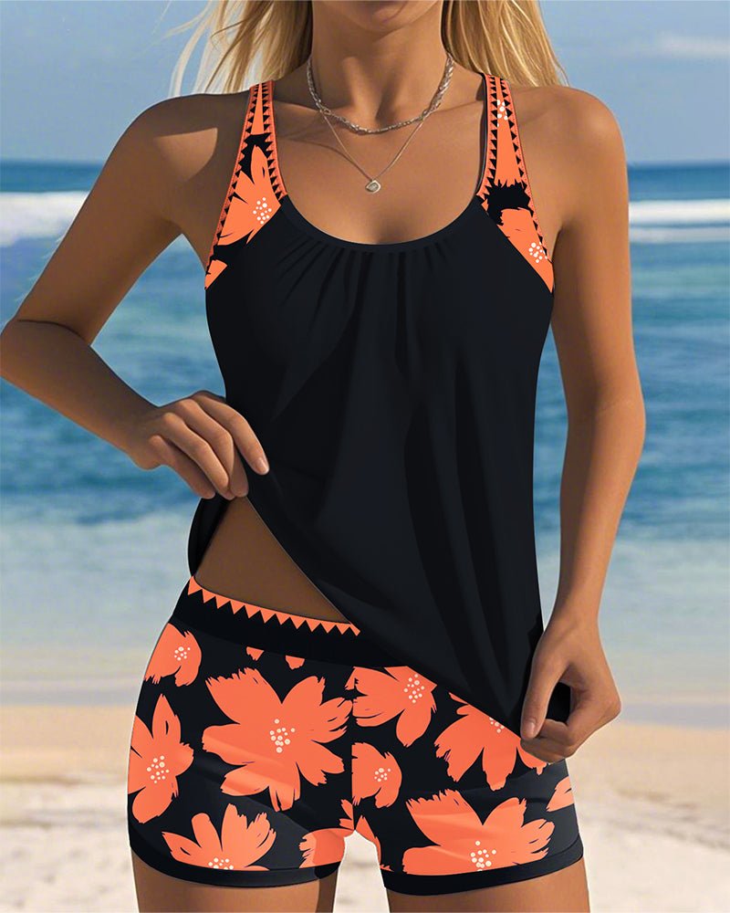 Women's Tummy-Control Floral Racerback Tankini Swimsuit Set - Orange