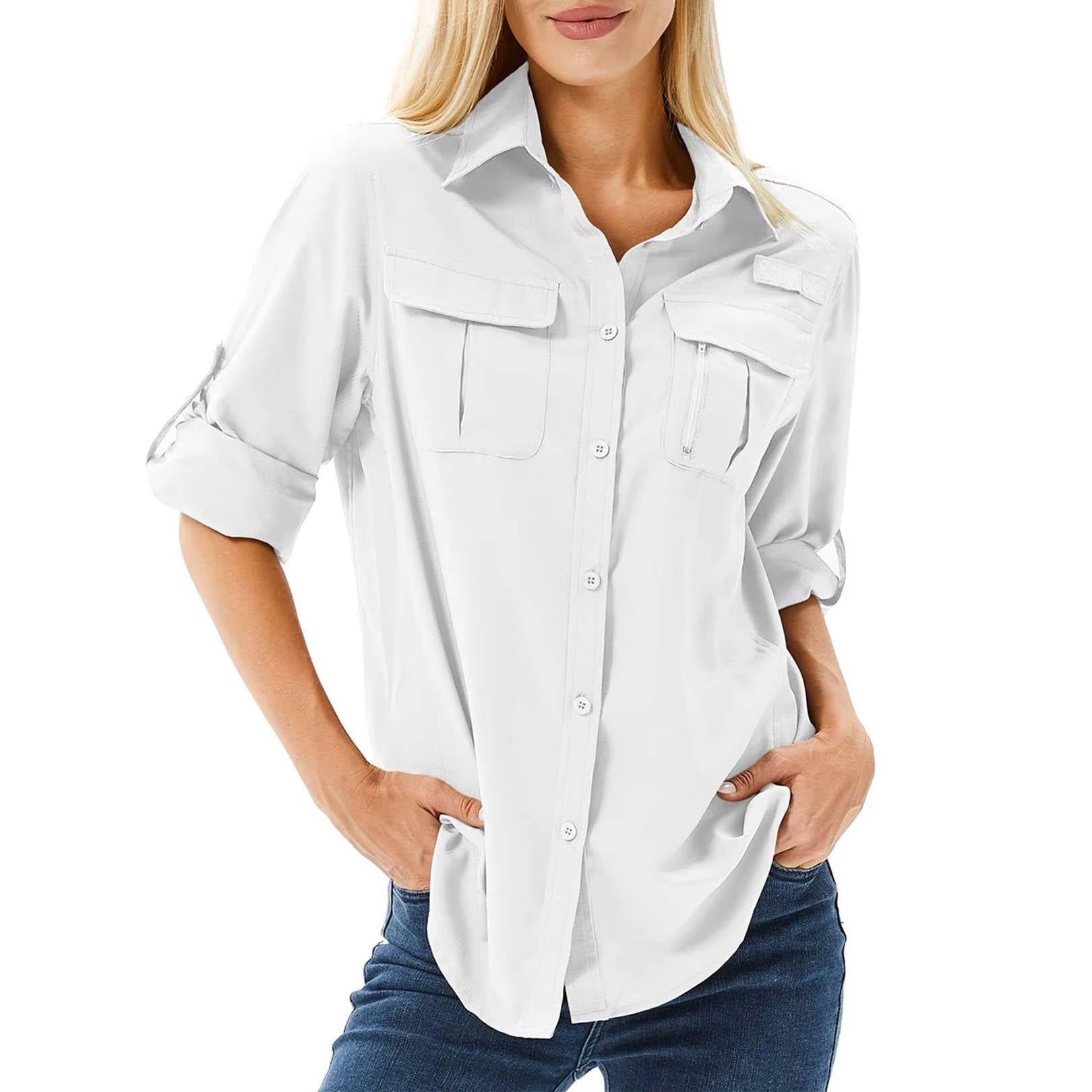 Women's UPF 50 Roll-Sleeve Dual-Pocket Outdoor Hiking Shirt - White