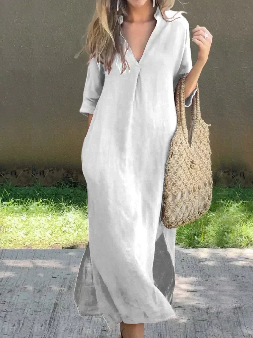Women's V-Neck Cotton Linen Relaxed-Fit Maxi Dress - White