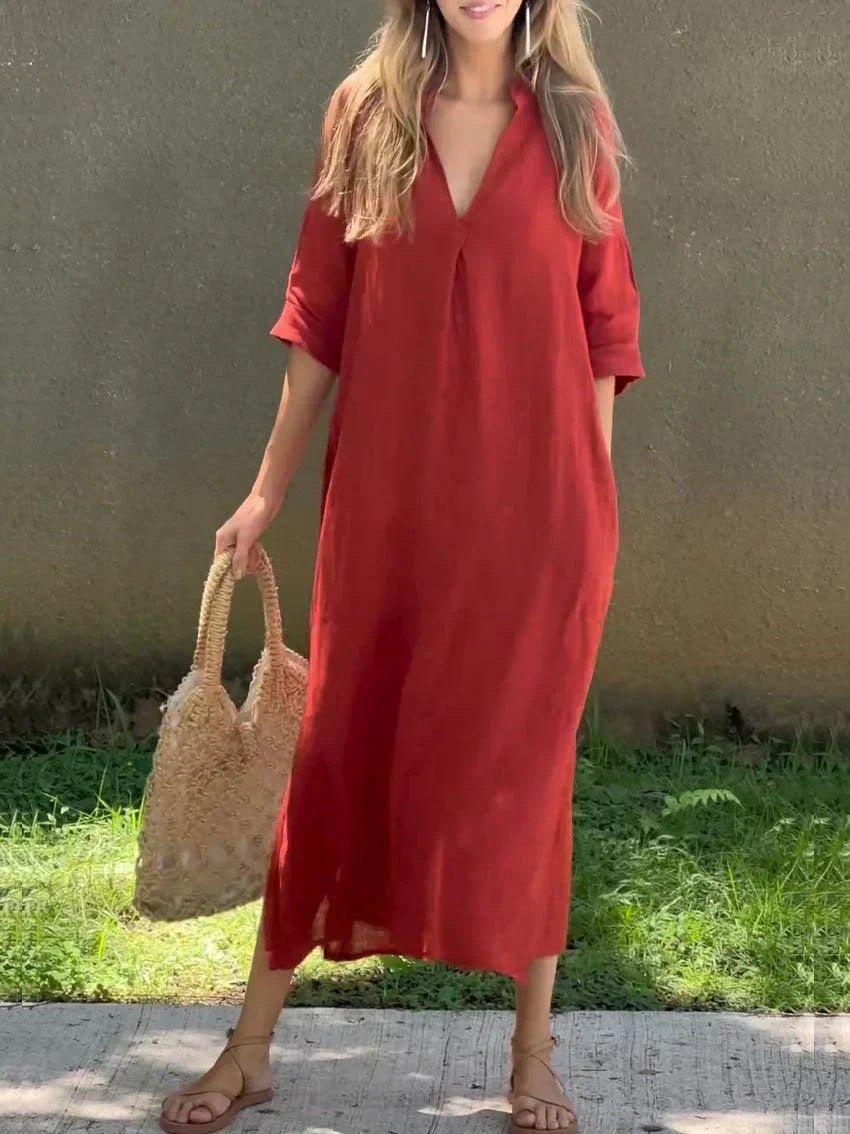Women's V-Neck Cotton Linen Relaxed-Fit Maxi Dress