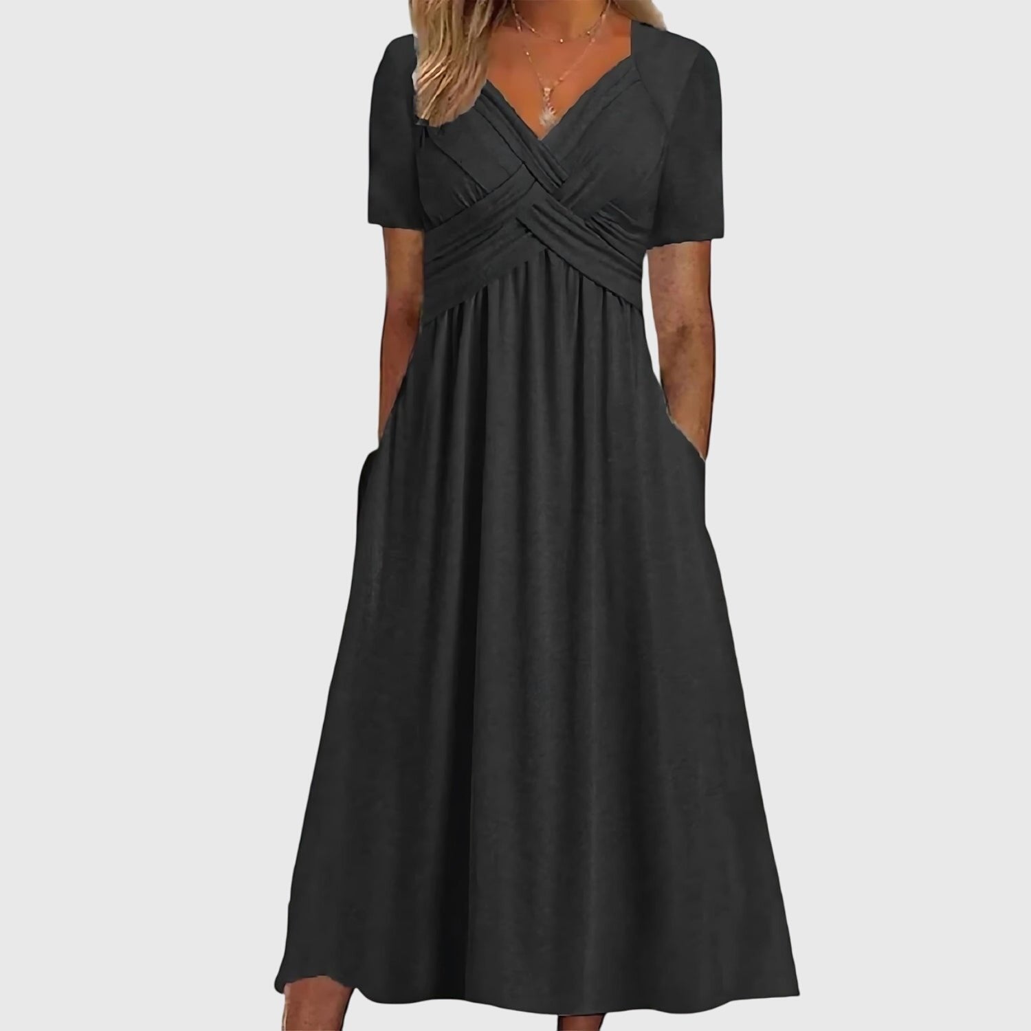 Women's V-Neck Cross-Front A-Line Tummy Control Midi Dress - Black
