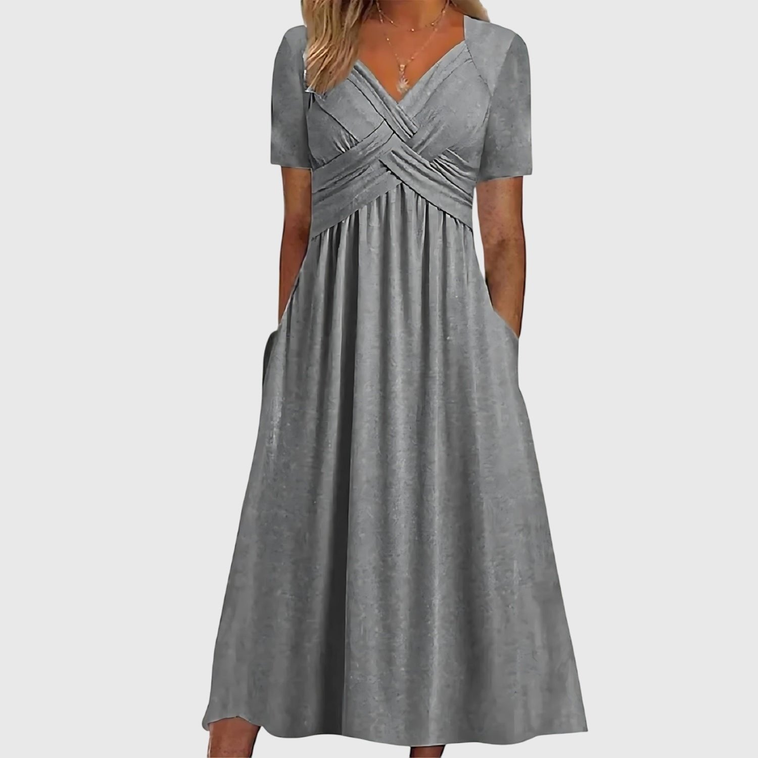 Women's V-Neck Cross-Front A-Line Tummy Control Midi Dress - Gray