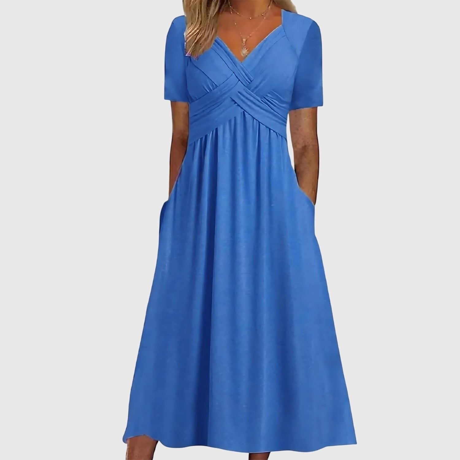Women's V-Neck Cross-Front A-Line Tummy Control Midi Dress - Blue