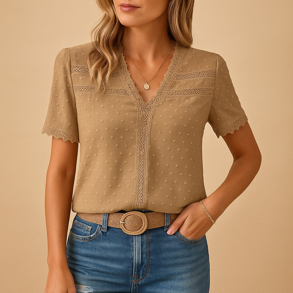 Women's V-Neck Lace-Trim Swiss-Dot Short-Sleeve Blouse - Khaki