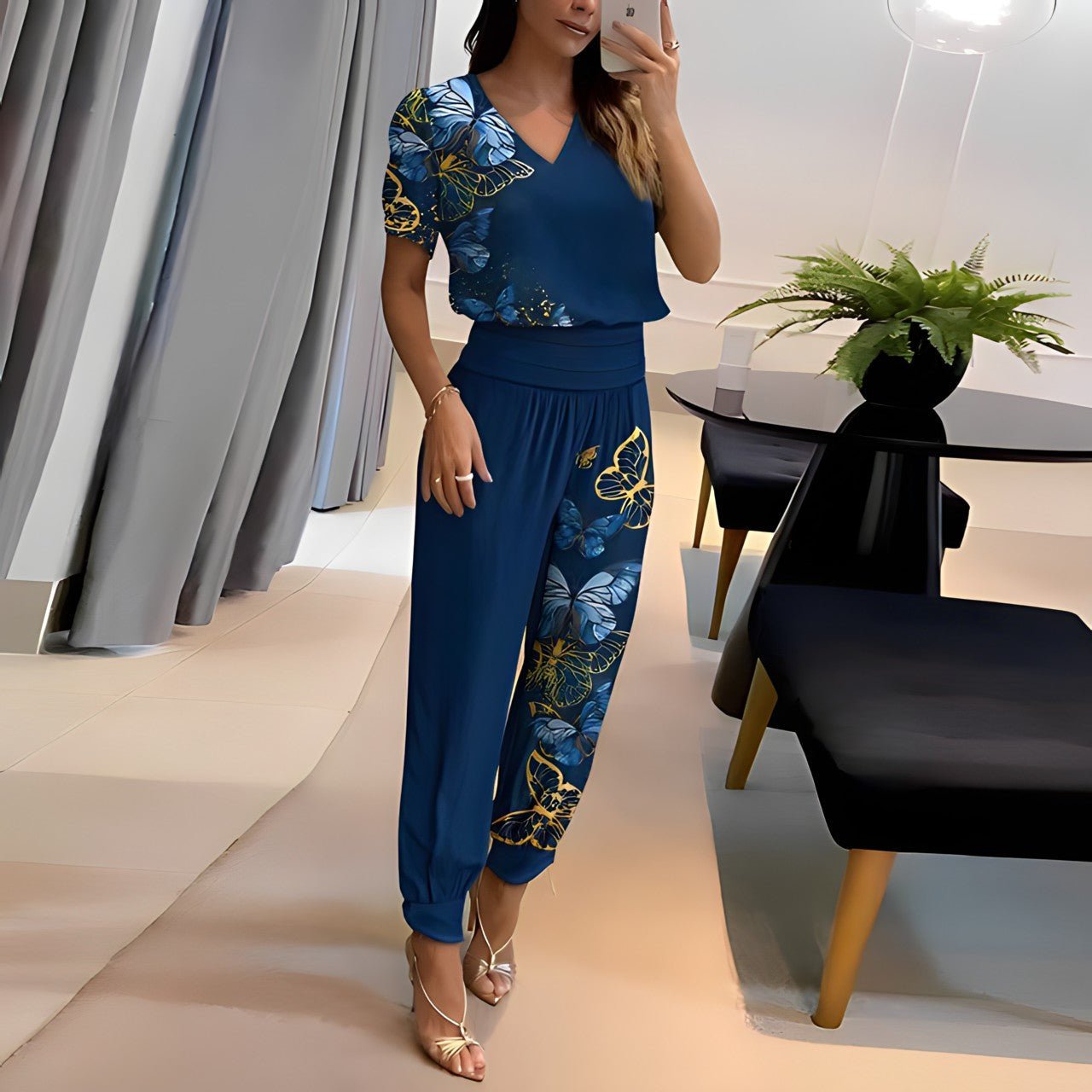 Women's V-Neck Short-Sleeve Geometric Printed Two-Piece Trouser Set - Blue