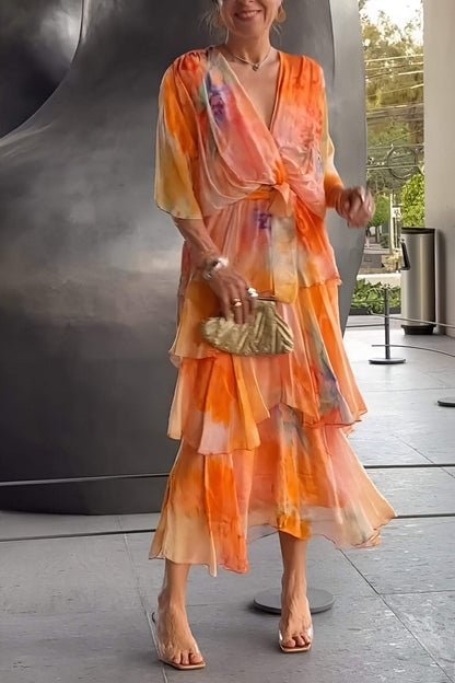 Women's Watercolour Floral Tiered Chiffon Wrap Maxi Dress - Orange