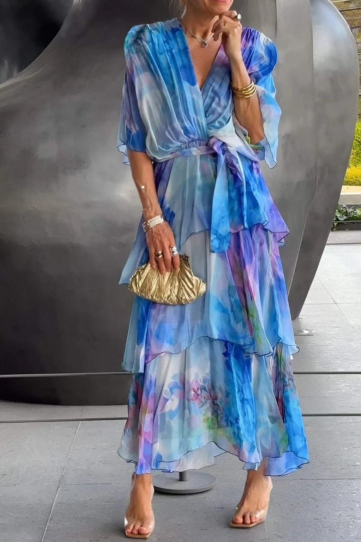 Women's Watercolour Floral Tiered Chiffon Wrap Maxi Dress