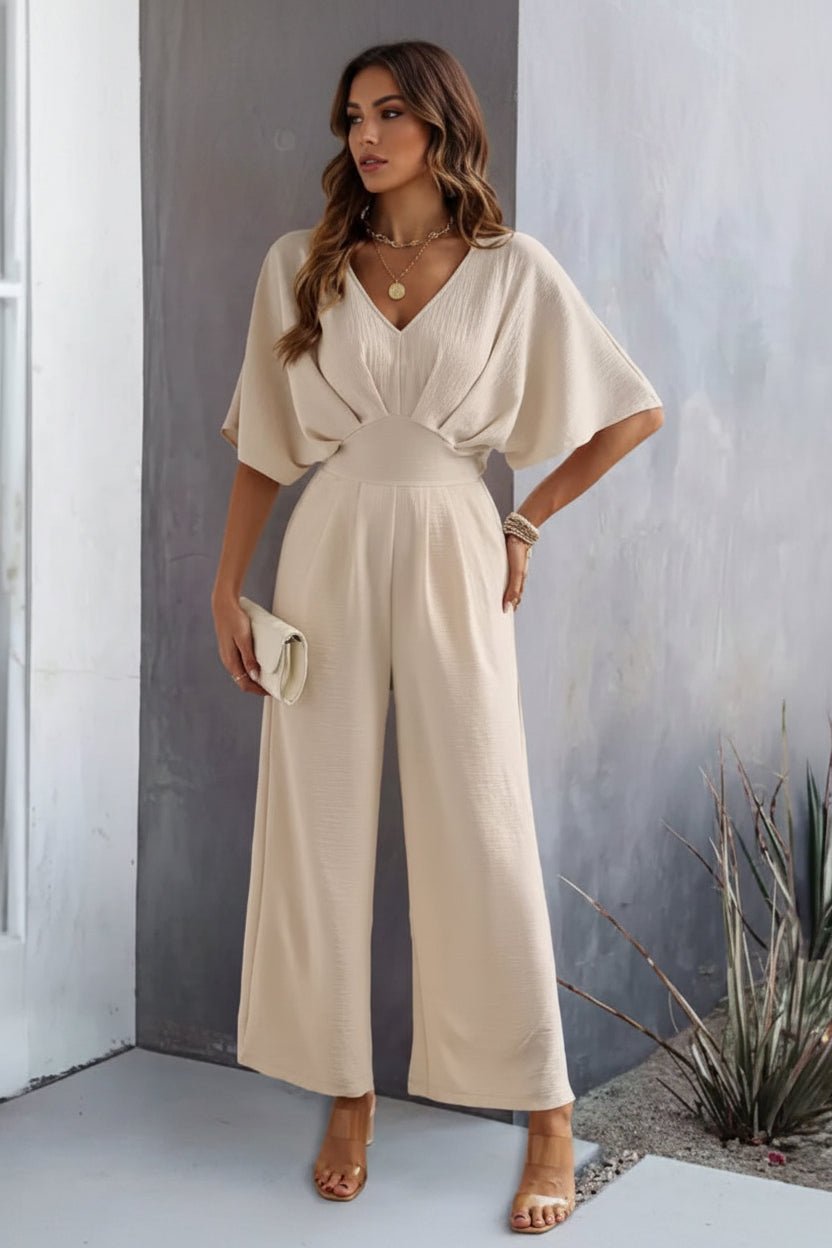 Women's Wide-Leg Batwing-Sleeve Cinched-Waist V-Neck Jumpsuit