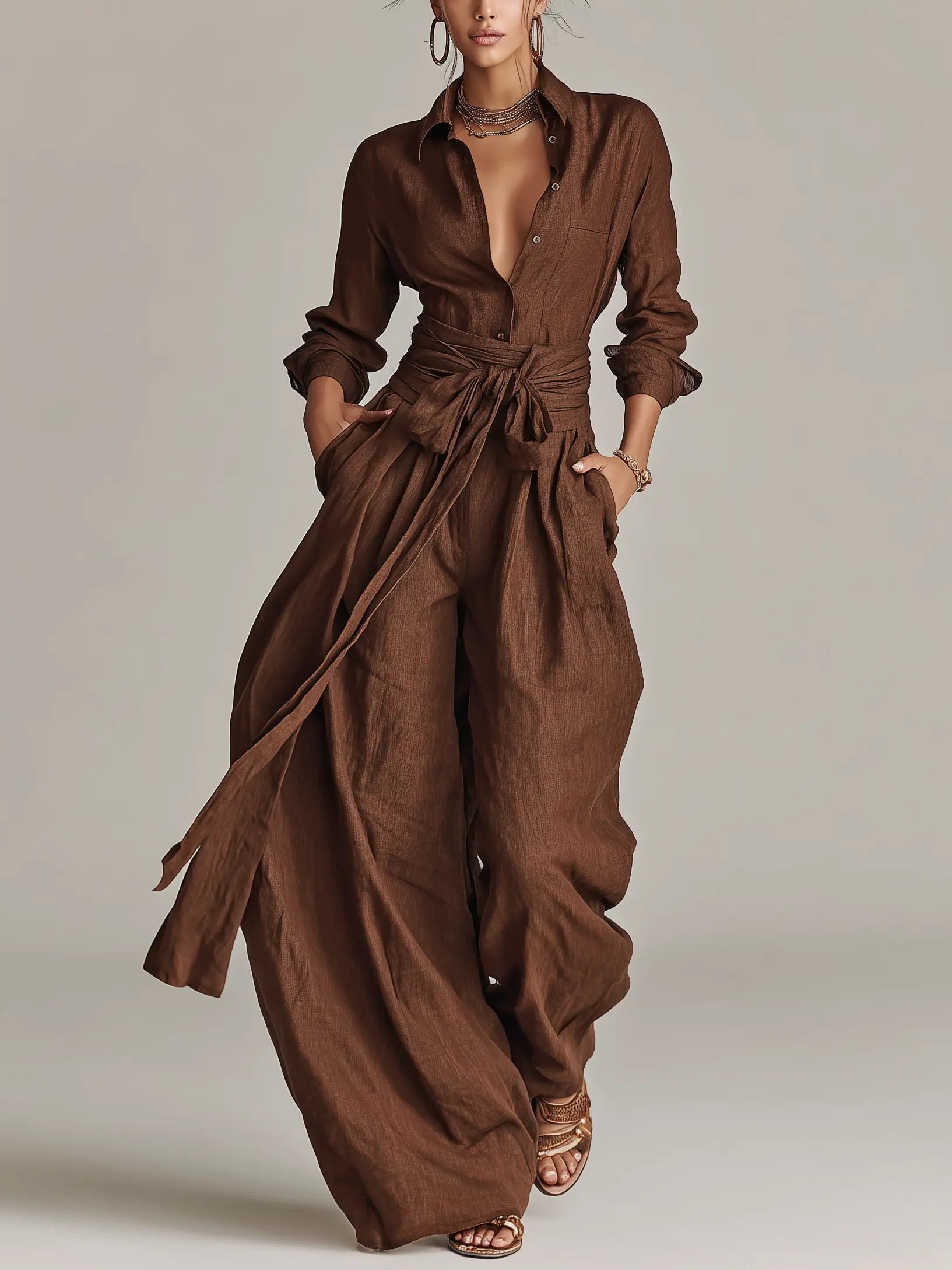 Women's Wide-Leg Cotton-Linen Belted Shirt-Collar Jumpsuit - Brown