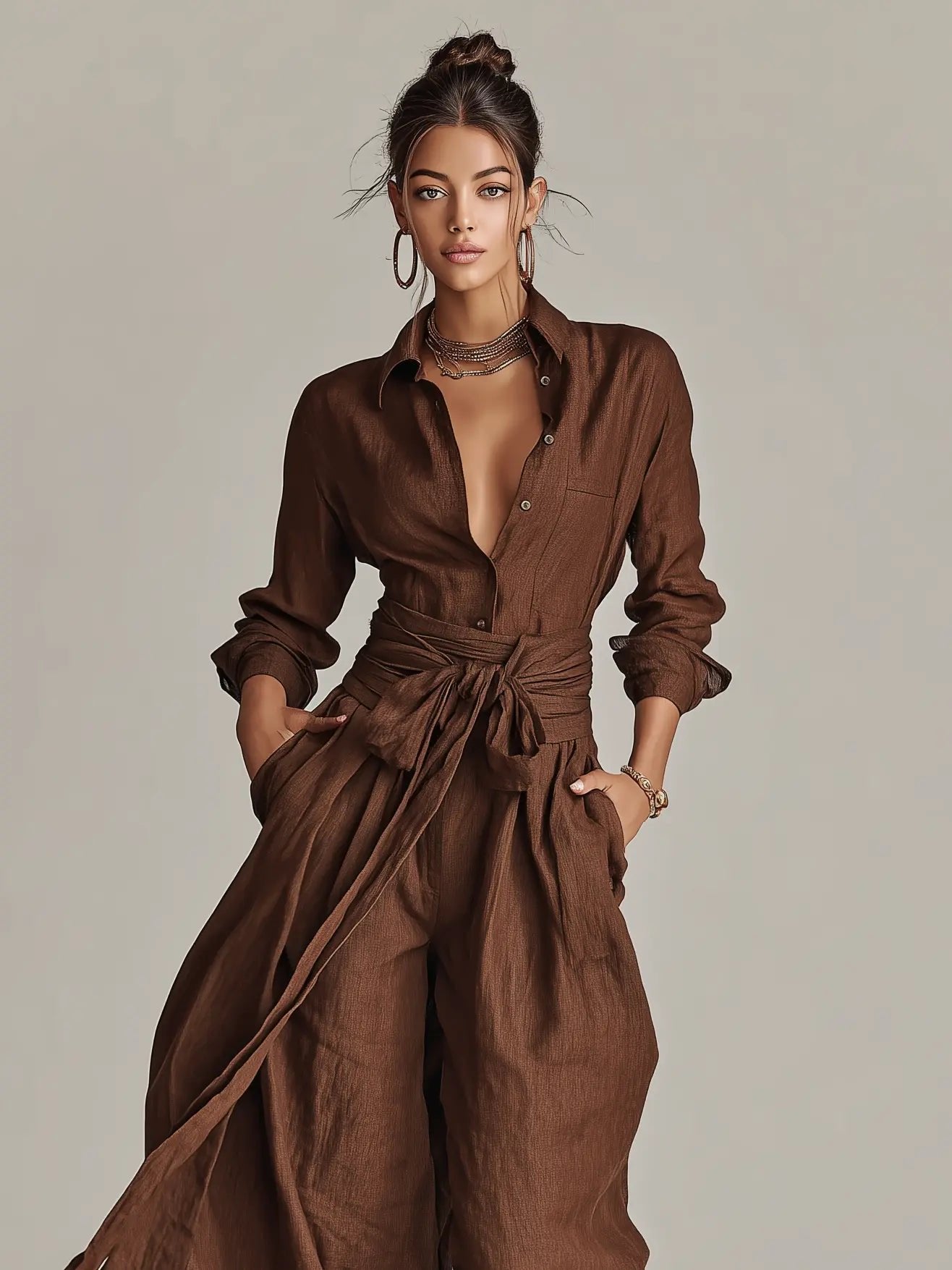 Women's Wide-Leg Cotton-Linen Belted Shirt-Collar Jumpsuit