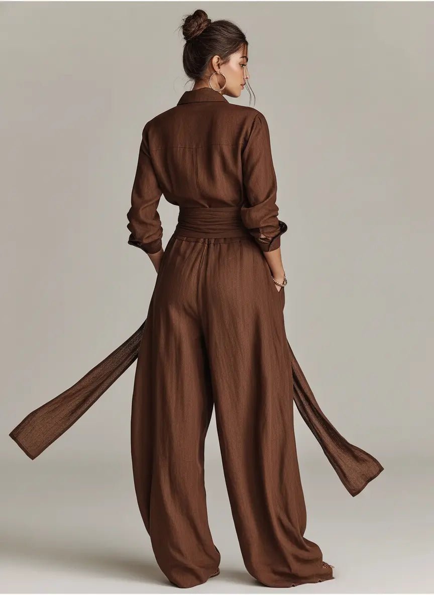 Women's Wide-Leg Cotton-Linen Belted Shirt-Collar Jumpsuit