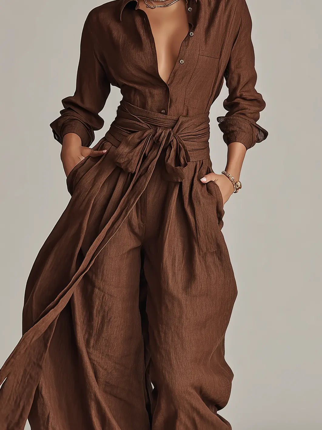 Women's Wide-Leg Cotton-Linen Belted Shirt-Collar Jumpsuit