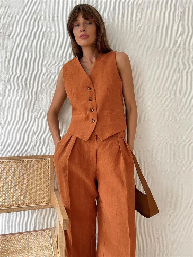 Women's Wide-Leg Pleated Linen Blend Vest Trouser Co-ord Set - Orange