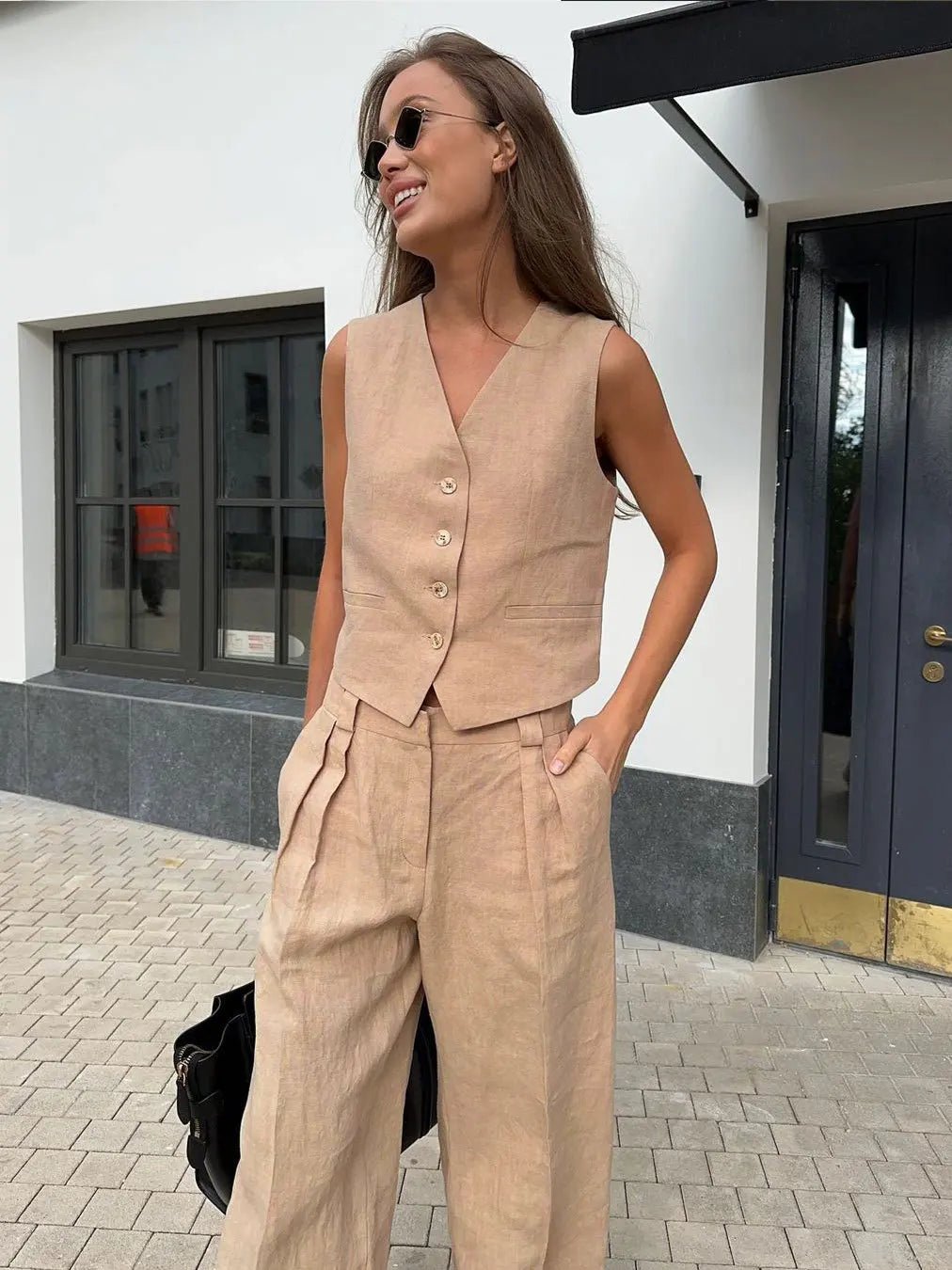 Women's Wide-Leg Pleated Linen Blend Vest Trouser Co-ord Set
