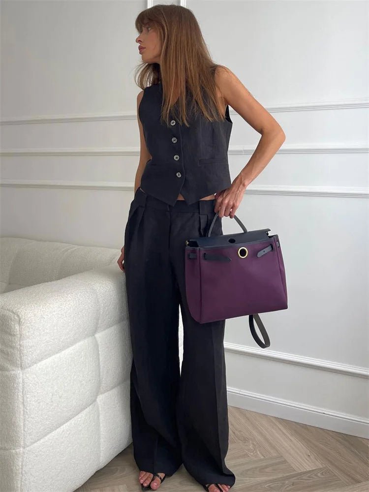 Women's Wide-Leg Pleated Linen Blend Vest Trouser Co-ord Set