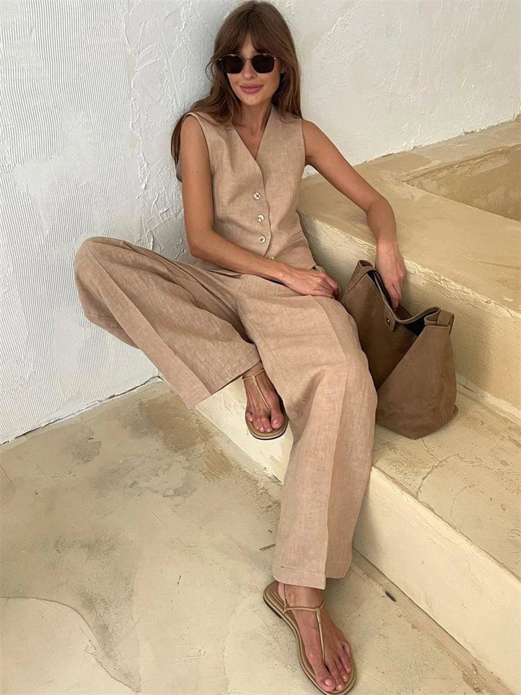 Women's Wide-Leg Pleated Linen Blend Vest Trouser Co-ord Set - Beige