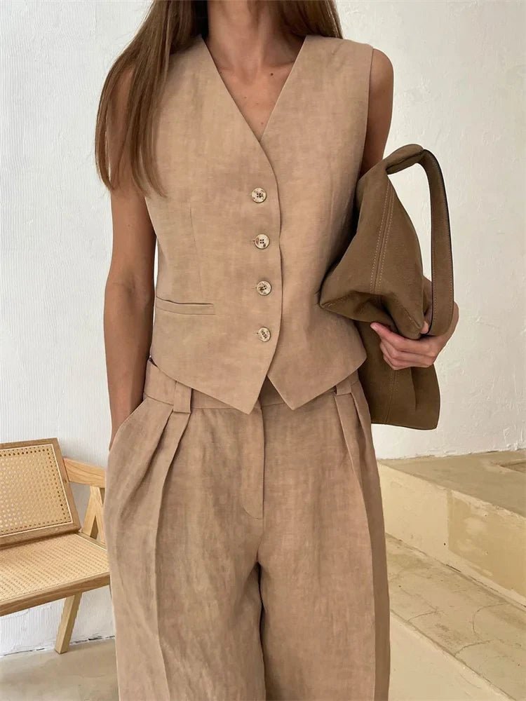 Women's Wide-Leg Pleated Linen Blend Vest Trouser Co-ord Set
