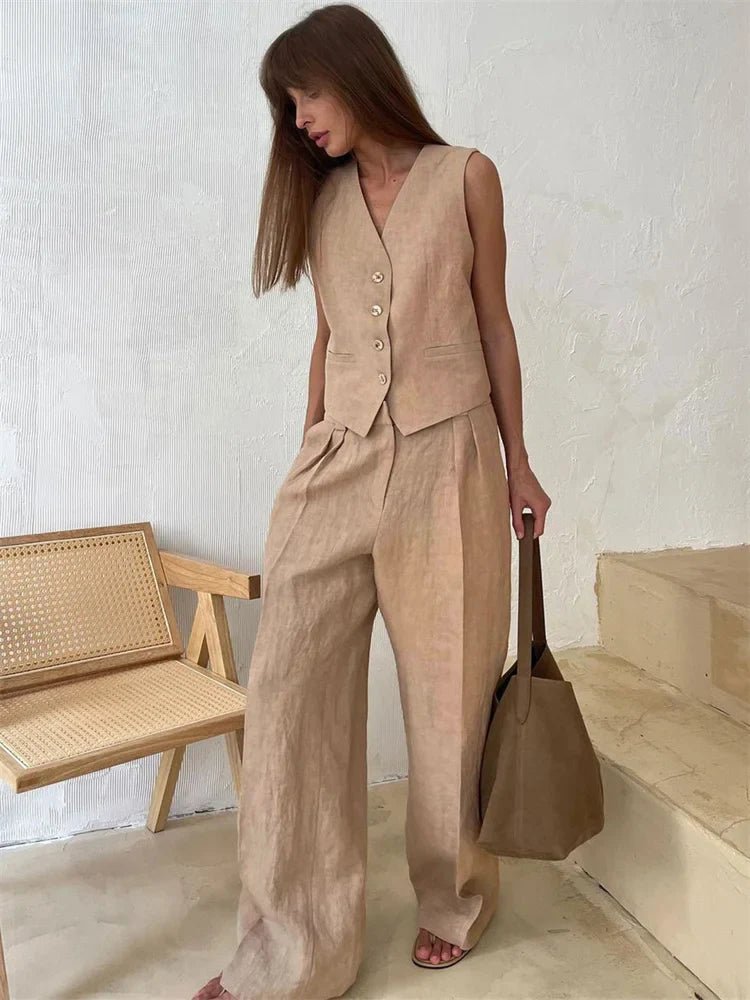 Women's Wide-Leg Pleated Linen Blend Vest Trouser Co-ord Set