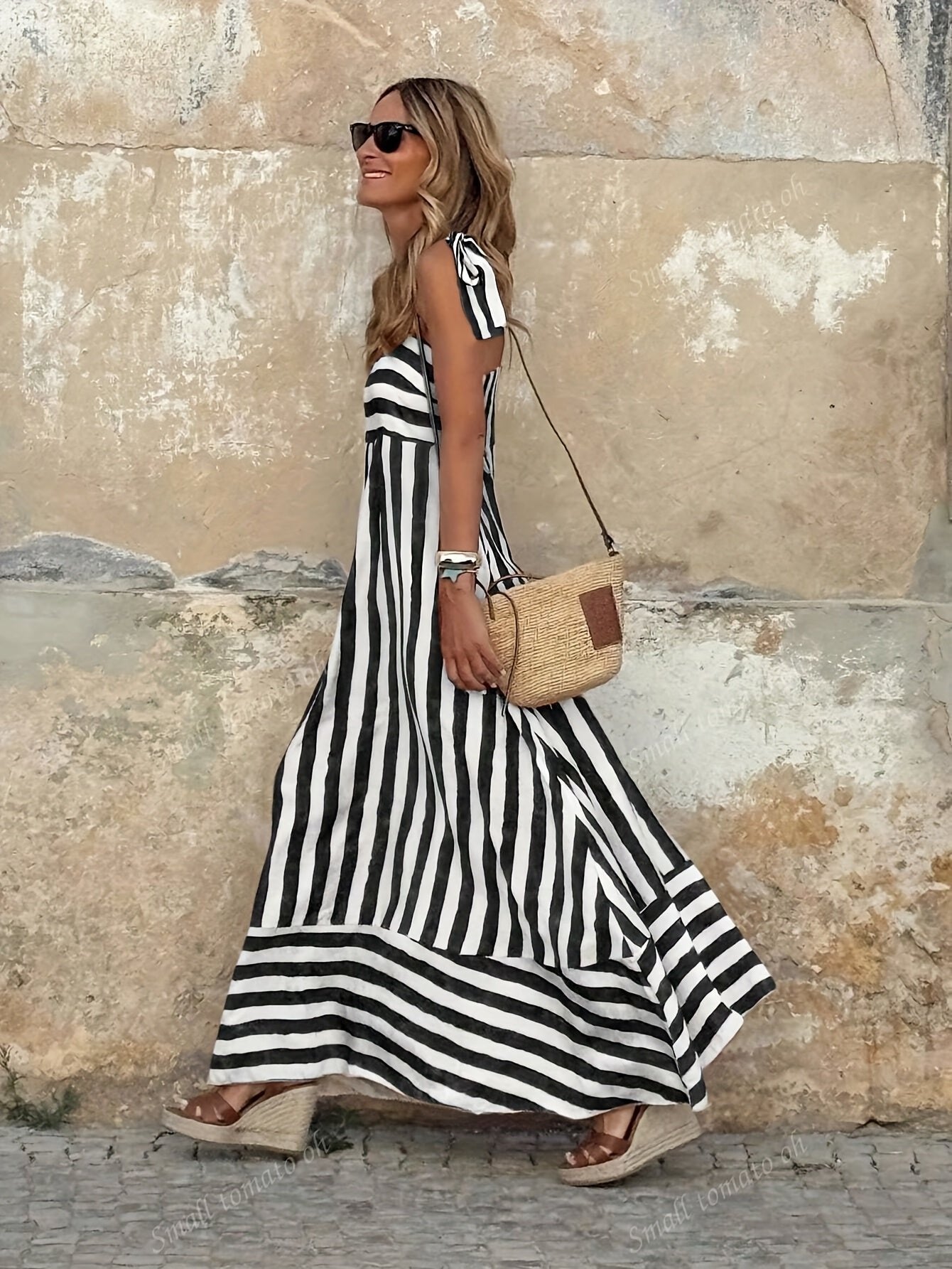 Women's Wide-Stripe Tie-Strap Floor-Length Maxi Dress