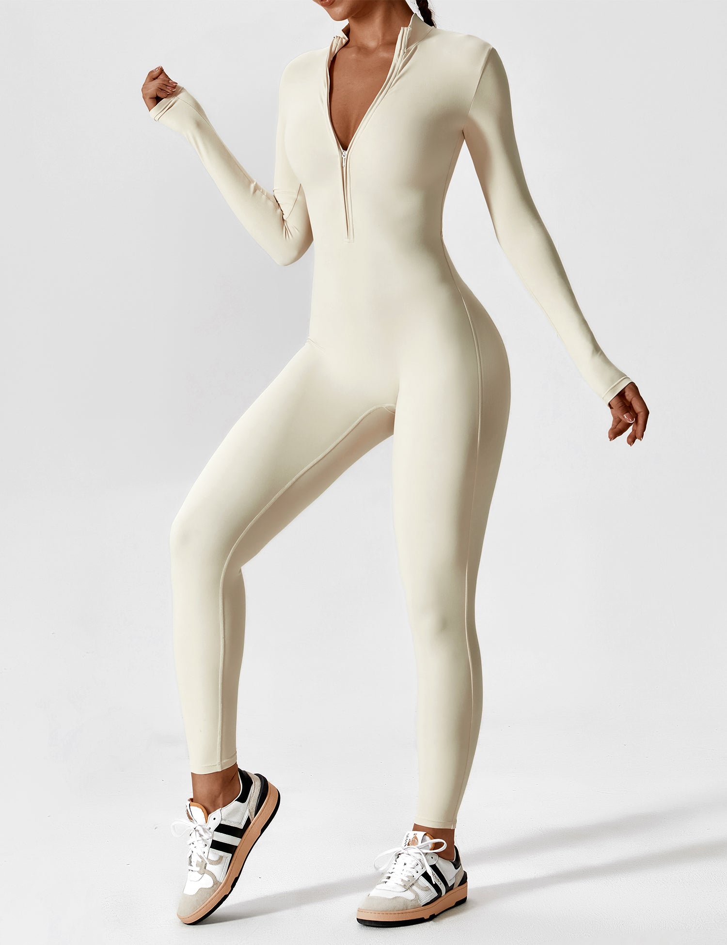 Long Sleeve Zip-Front Stretch One-Piece Sculpting Activewear Jumpsuit